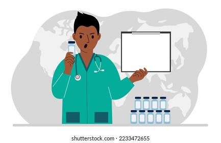 Pandemic, vaccination and health concept. Doctor with a bottle of vaccine. Vector flat illustration.