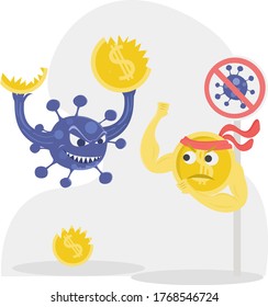 Pandemic vector concept: coin figure fighting the villainous coronavirus