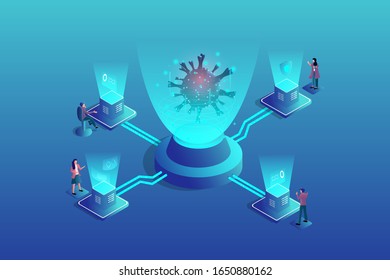 Pandemic virus and antiviral drug covid-19 virus concept. Doctor and assistant are research chromosome in biotechnology and nano laboratory. Vector illustration design.