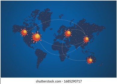 Pandemic virus on the global map concept. The spread of the pandemic virus worldwide. Concept of viruses, bacteria, microbes on world map simulation.