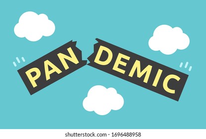 Palabras pandémicas rotas en mitades y caídas, cielo azul turquesa. Pandemia de coronavirus, fin de crisis, concepto de salud. Diseño plano. Ilustración vectorial EPS 8, sin transparencia, sin degradados