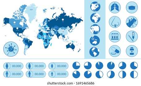 Pandemic world map, icons and graphs for statistics and infographic