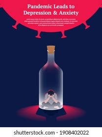 Pandemics cause Depression and Anxiety. The man locked in the bottle covered his face with his hands. Coronavirus Depression and Anxiety vector illustration concept with space for text.