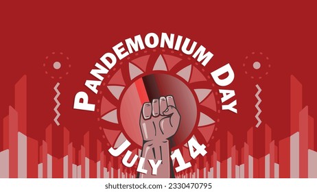 
Pandemonium Day vector banner design with retro geometric shapes, red color pallet, fist pump and typography. Happy 
Pandemonium Day modern graphic poster illustration.