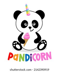PandiCorn (panda unicorn) - funny hand drawn doodle. Cartoon background, texture for bedsheets, pajamas. Adorable panda bear  with long optimistic quote.