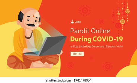 Pandit online during covid-19 banner design. Vector graphic illustration.