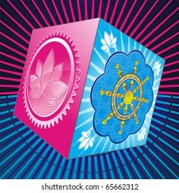 Pandora's box with lotus and chakra on the faces, the bright background glow	 	 	 	 	 	 	 	