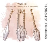 Panduri a traditional Georgian musical instrument similar to a mandolin. Line drawing isolated on grunge watercolor textured background. EPS10 vector illustration