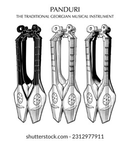 Panduri a traditional Georgian musical instrument similar to a mandolin. Line drawing isolated on grunge watercolor textured background. EPS10 vector illustration