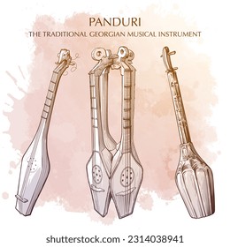 Panduri a traditional Georgian musical instrument similar to a mandolin. Line drawing isolated on grunge watercolor textured background. EPS10 vector illustration