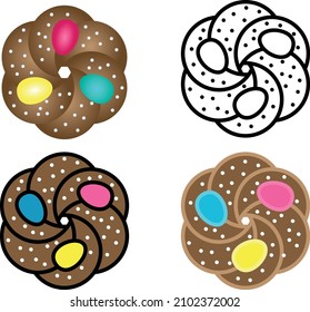 Pane Di Pasqua Italian Easter Bread With Colored Dyed Eggs, Scarcella Di Pasqua Vector Icon Logo. Folar De Pascoa Portuguese  Eater Cake