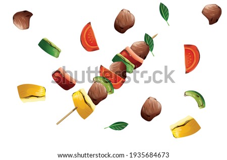 Paneer Tikka Kabab in red sauce is an Indian dish made from chunks of cottage cheese marinated in spices  grilled in a tandoor Vector on White Background