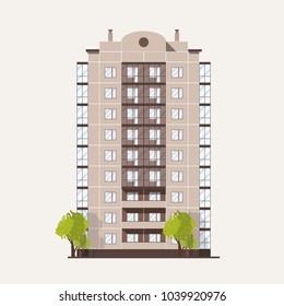 Panel building with multiple floors with balconies and pair of trees growing beside. Multi story living house isolated on white background. Prefab architecture and construction. Vector illustration.