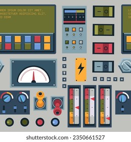 Panel with buttons, knobs and switchers for controlling machinery or system at work. Screen displaying message, pinters and colorful indicators notifying about operation result. Vector in flat style
