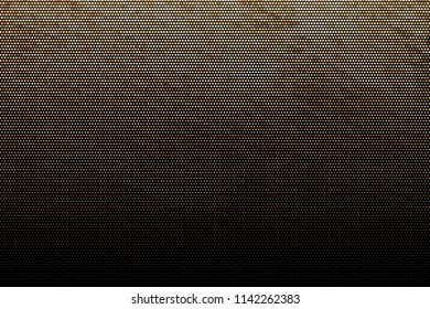 Panel with circles, dots, points of different shades of Golden color. Halftone effect. Digital gradient. Luxury background. Texture of gold metal. Vector illustration