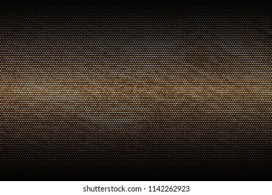 Panel with circles, dots, points of different shades of Golden color. Halftone effect. Digital gradient. Luxury background. Texture of gold metal. Vector illustration