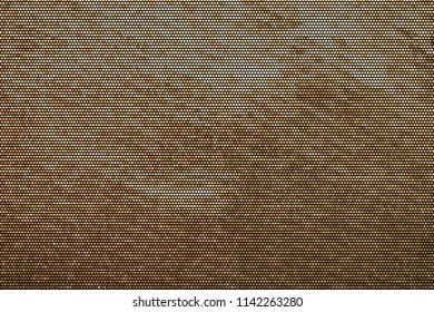 Panel with circles, dots, points of different shades of Golden color. Halftone effect. Digital gradient. Luxury background. Texture of gold metal. Vector illustration