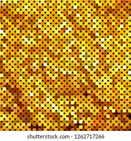 Panel with circles, dots, points of different shades of Golden color. Halftone effect. Digital gradient. Luxury background. Texture of gold metal.