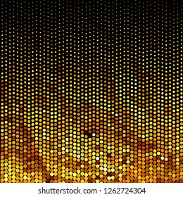 Panel with circles, dots, points of different shades of Golden color. Halftone effect. Digital gradient. Luxury background. Texture of gold metal.