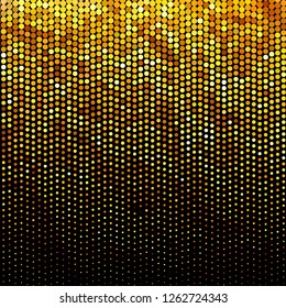 Panel with circles, dots, points of different shades of Golden color. Halftone effect. Digital gradient. Luxury background. Texture of gold metal.