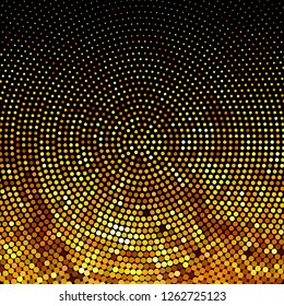 Panel with circles, dots, points of different shades of Golden color. Halftone effect. Digital gradient. Luxury background. Texture of gold metal.