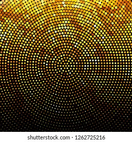 Panel with circles, dots, points of different shades of Golden color. Halftone effect. Digital gradient. Luxury background. Texture of gold metal.