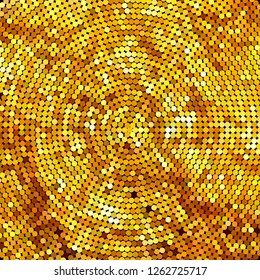 Panel with circles, dots, points of different shades of Golden color. Halftone effect. Digital gradient. Luxury background. Texture of gold metal.
