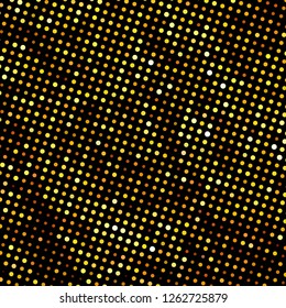Panel with circles, dots, points of different shades of Golden color. Halftone effect. Digital gradient. Luxury background. Texture of gold metal.