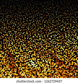 Panel with circles, dots, points of different shades of Golden color. Halftone effect. Digital gradient. Luxury background. Texture of gold metal.