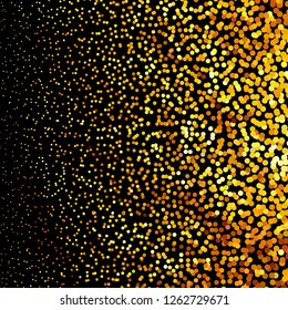 Panel with circles, dots, points of different shades of Golden color. Halftone effect. Digital gradient. Luxury background. Texture of gold metal.