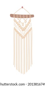 Panel of cord, wall hanging. Macrame with fringe. Diy stylish  interior decor. Wicker hand made modern Scandinavian. Isolated on white background. Vector illustration.