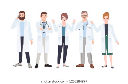 Panel of doctors or council of physicians discussing healthcare issues. Meeting of medicine workers. Group of angry and scared male and female cartoon characters. Colorful flat vector illustration.