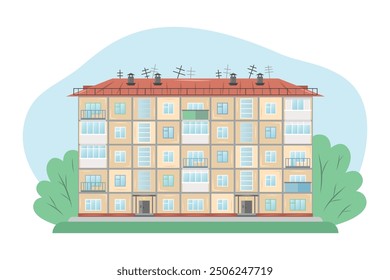 Panel five-storey house. Typical urban development in Russia. Vector illustration.