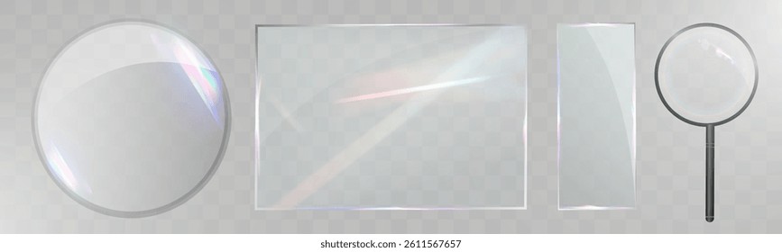 Panel and frame glass UI elements, glass panel template, realistic glass effect, modern UI design, transparent interface, futuristic glass layout.