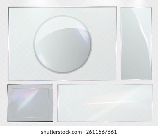 Panel and frame glass UI elements, glass panel template, realistic glass effect, modern UI design, transparent interface, futuristic glass layout.