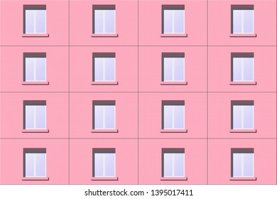 Panel house pink. The window into the street. Seamless pattern.