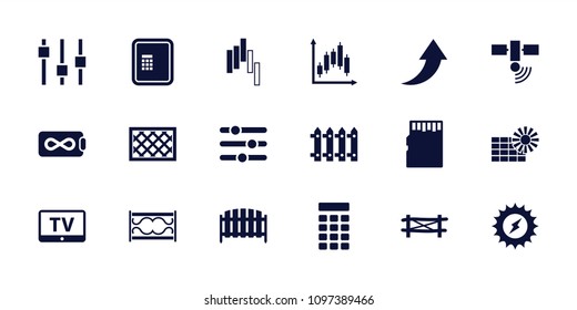 Panel icon. collection of 18 panel filled icons such as fence, tv, atm, intercom, memory card, solar energy, endless battery, adjust. editable panel icons for web and mobile.