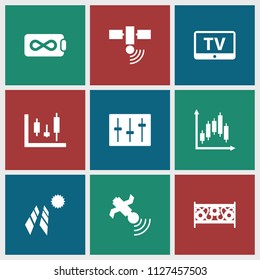 Panel icon. collection of 9 panel filled icons such as tv, fence, satellite, sliders. editable panel icons for web and mobile.