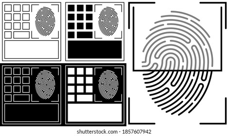 panel icon for scanning person fingerprint for mobile identification applications. Biometric identification of human data. Unique pattern on finger. Search devices for scanning data. Vector