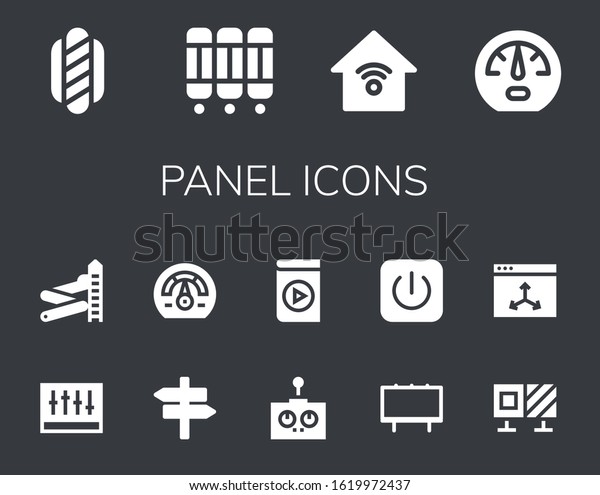 panel icon set.\
14 filled panel icons.  Simple modern icons such as: Hot dog, Room\
divider, Smart house, Dashboard, Levels, Slider, Panel,\
Speedometer, Remote control, Media\
player