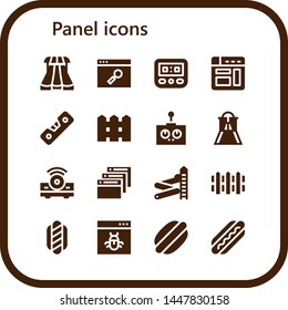 panel icon set. 16 filled panel icons.  Collection Of - Sliders, Browser, Speedometer, Level, Fence, Remote control, Slider, Projector, Hot dog