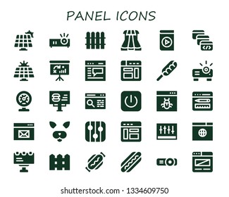 panel icon set. 30 filled panel icons.  Collection Of - Solar panel, Projector, Fence, Sliders, Media player, Browser window, Dashboard, Browser, Hot dog, Meter, Billboard, Power