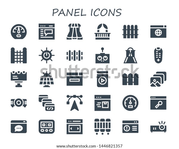 panel icon set.\
30 filled panel icons.  Simple modern icons about  - Dashboard,\
Browser, Sliders, Balcony, Fence, Solar energy, Remote control,\
Slider, Billboard, Solar\
panel