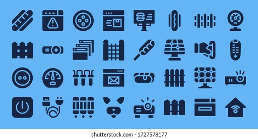 panel icon set. 32 filled panel icons. Included Hot dog, Fence, Button, Power, Browser, Projector, Dashboard, Charge, Filter, Room divider, Billboard, Solar panel, Insert coin icons