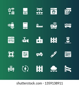 panel icon set. Collection of 25 filled panel icons included Slider, Data sharing, Fence, Eco energy, Projector, Browser, Level, Levels, Drone, Renewable energy, Meter, Audio player