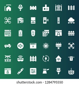 panel icon set. Collection of 36 filled panel icons included Remote control, Filter, Levels, Level, Browser, Smart home, Eco energy, Fence, Projector, Drone, Billboard, Control