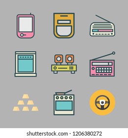 panel icon set. vector set about radio, audio player, oven and gold icons set.