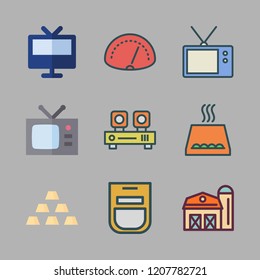 panel icon set. vector set about gold, speedometer, barn and audio player icons set.