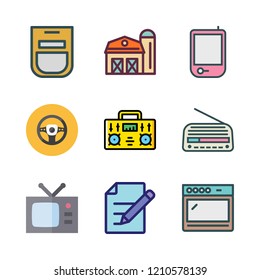 panel icon set. vector set about radio, television, steering wheel and edit icons set.