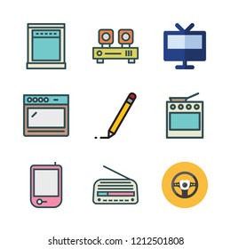 panel icon set. vector set about television, audio player, radio and steering wheel icons set.